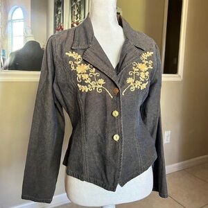 Lew Magram Collection New York Dark Denim Wash Gold Embroidered Jacket Size 8